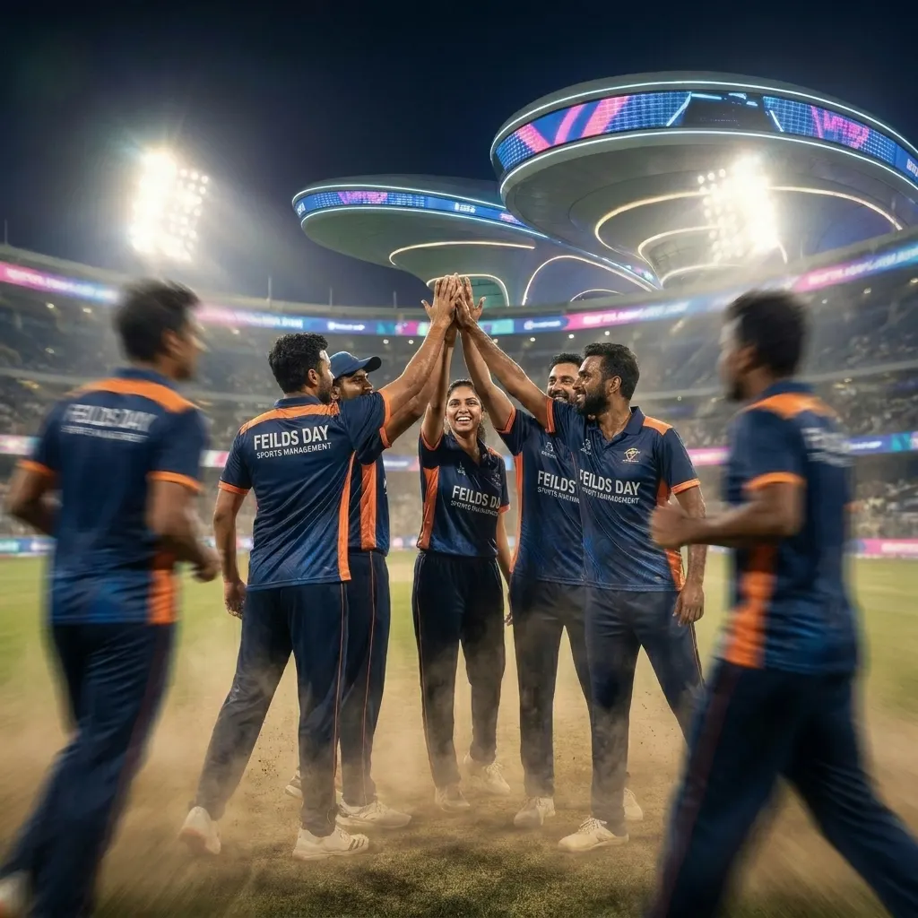 Fields Day corporate sports event — a team celebrating under stadium floodlights